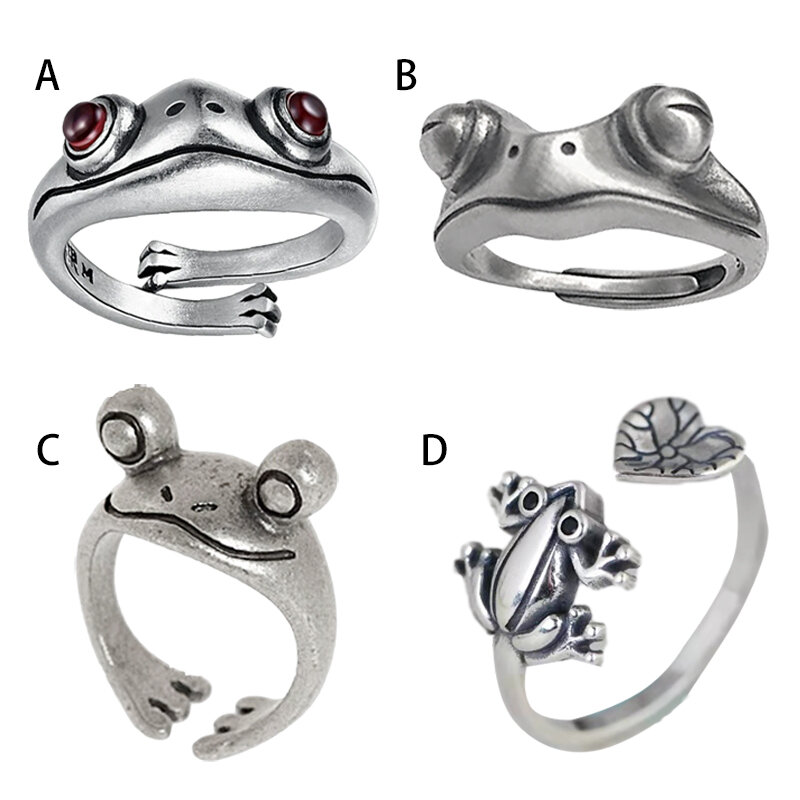 Vintage Frog แหวนศิลปะ Retro เปิดปรับขนาดได้ Unisex หญิงวงแหวนเงินสีของขวัญ