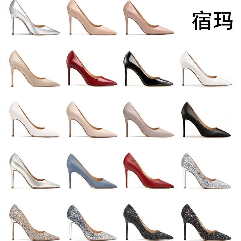 Zapatos de tacón clásicos de piel auténtica para mujer, calzado de tacón alto de punta estrecha, Sexy, para fiesta, boda, 6/8/10cm, Color Rojo