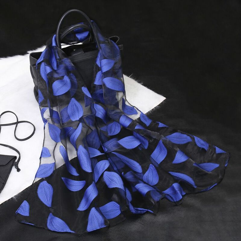 Fashion Soft Silk Scarf Shawls Leaves Jacquard Lightweight Organza Gauze Scarf Embroidery for Women Beach Shade Summer Gift