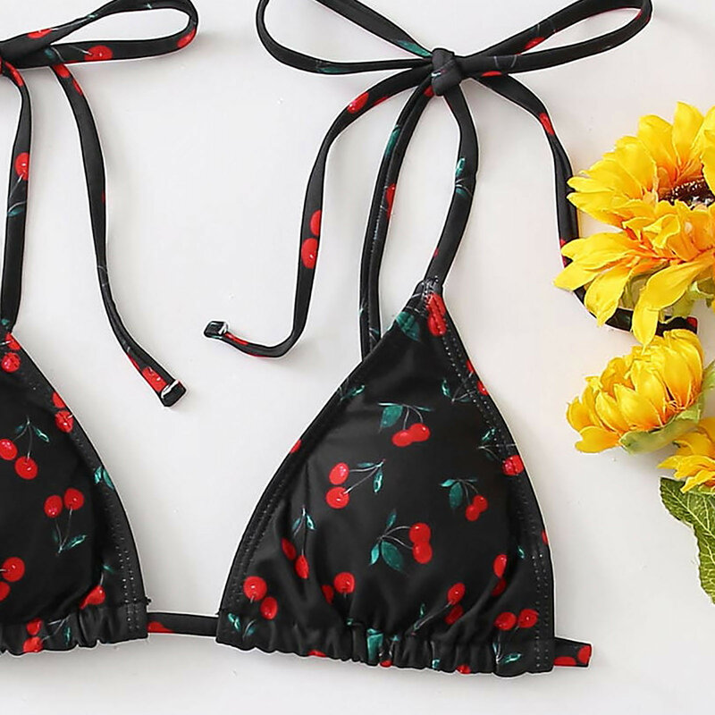 Conjunto de Bikini con estampado de cerezas para mujer, traje de baño con estampado de cerezas, ropa de playa con realce, bañador Sexy de estilo vendaje, 2021