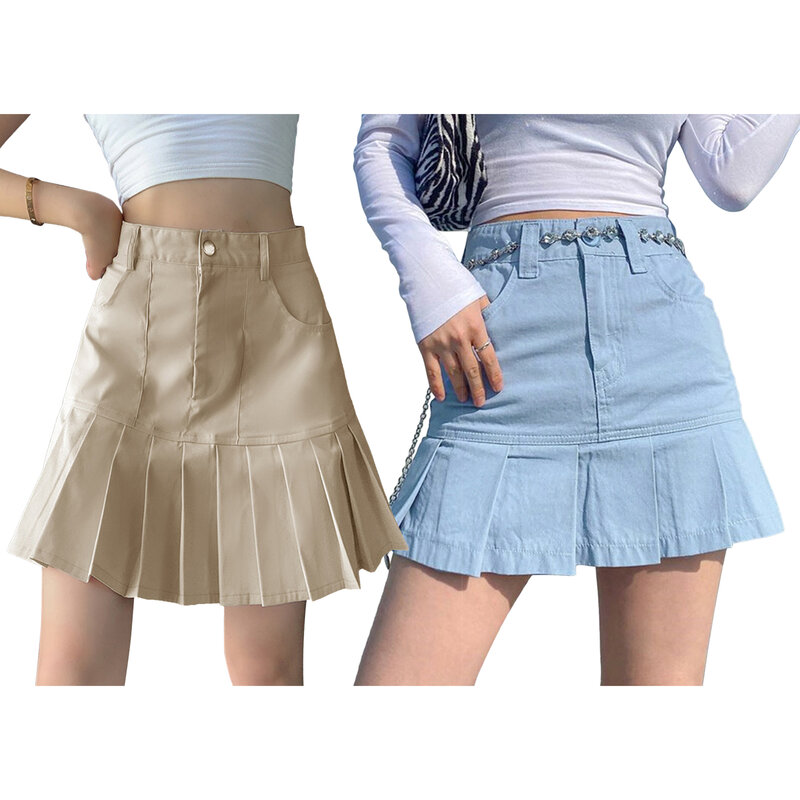 Women Casual Pleated Hem Skirt, Solid Color High Waist Short Skirt with Pockets, Blue/ Khaki