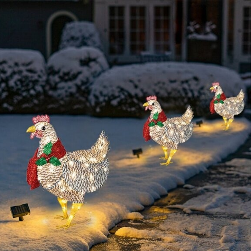 13/22cm Courtyard Decoration Light-Up Chicken with Scarf Metal Chicken Sculpture Lawn Corridor Christmas Atmosphere Decoration
