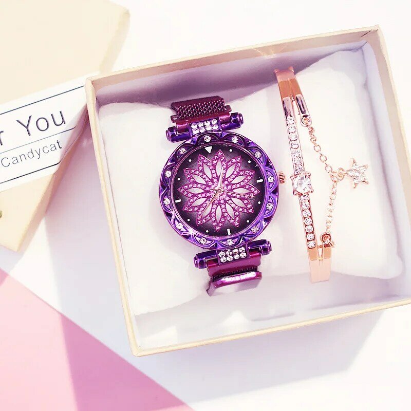 Reloj con hebilla magnética de malla para mujer, pulsera de cuarzo con diamantes de imitación, con diseño de flor de la suerte, de lujo, a la moda