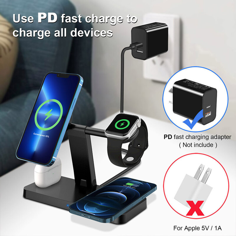 Magnetic Wireless Charger ขาตั้ง4ใน1 15W Fast Charging Dock Station สำหรับ iPhone 12 13 Pro Max Samsung airPods Apple นาฬิกา SE 6