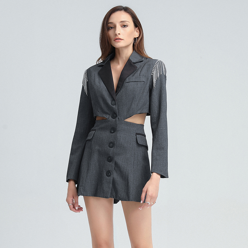 TWOTWINSTYLE-chaquetas de manga larga con solapa para mujer, retales con borlas, de cintura alta, color gris, 2020