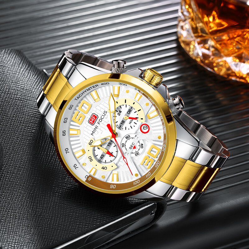 MINI FOCUS – montre de luxe pour hommes, avec calendrier, Royal, or, blanc, bracelet en cuir, Quartz, décontracté
