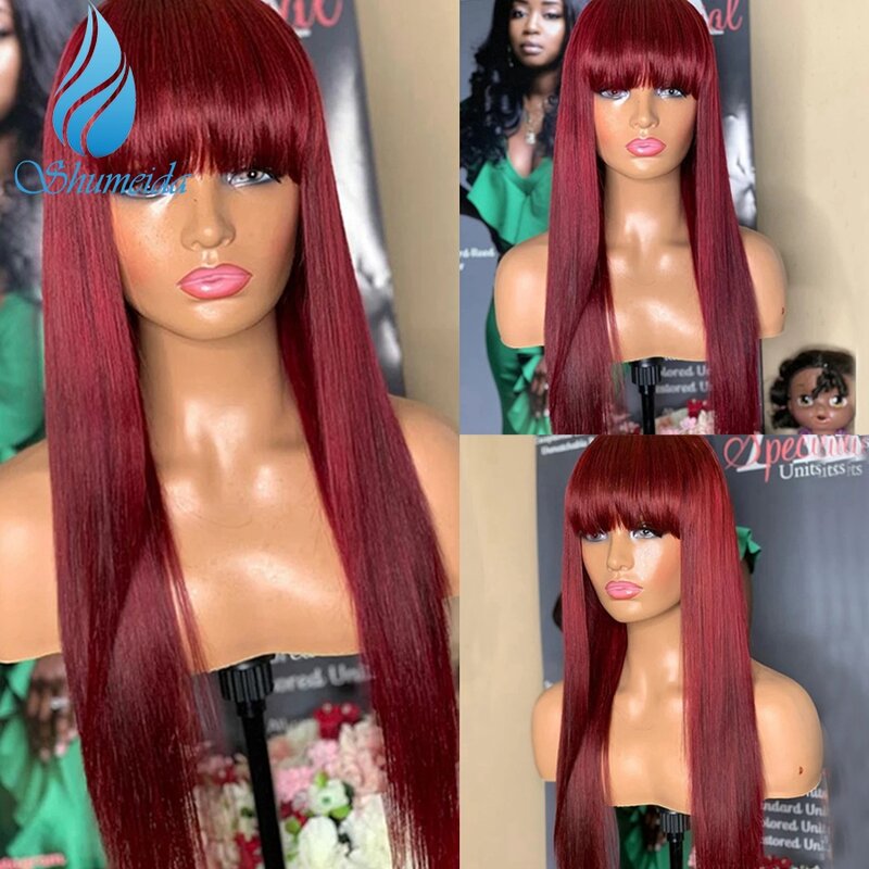 Shumeida cor vermelha máquina cheia perucas brasileiro remy cabelo humano longo em linha reta com franja para preto feminino