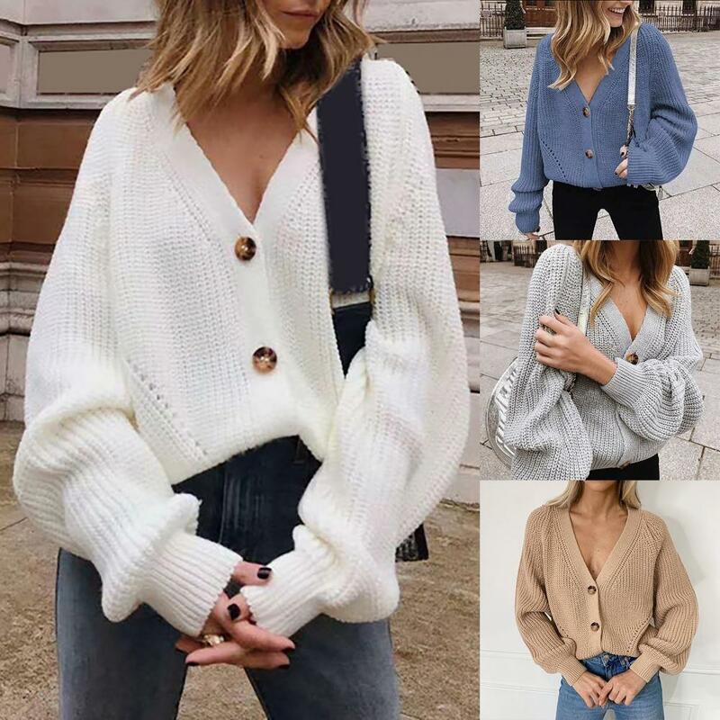 Women Sweater Solid Color Single-breasted Autumn Winter Loose Long Sleeve V Neck Knitted Coat Streetwear