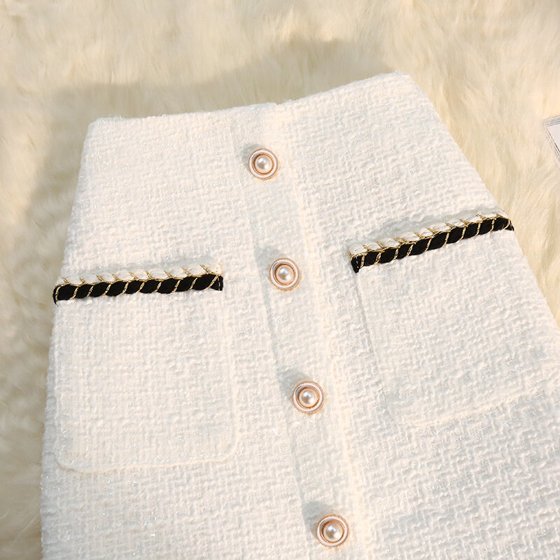 Hebe & Eos-Falda Midi Vintage de lana para mujer, falda blanca y negra de cintura alta, moda coreana, elegante, ropa de oficina, Otoño e Invierno