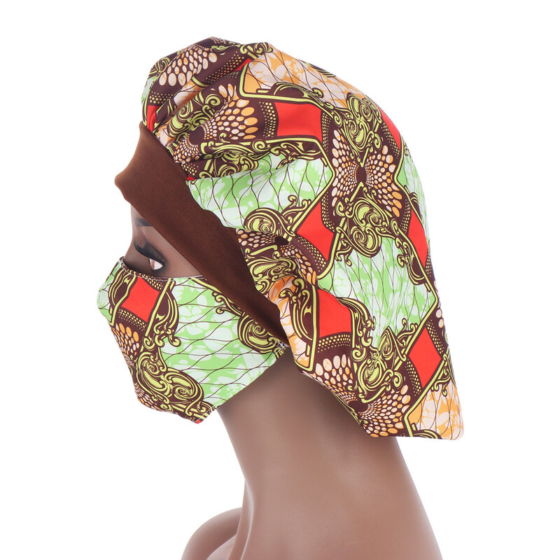 アフリカ柄プリントサテンボンネットとhijabs帽子女性夜の睡眠キャップマスクターバン特大ヘッド磨耗女性ヘッドラップ帽子