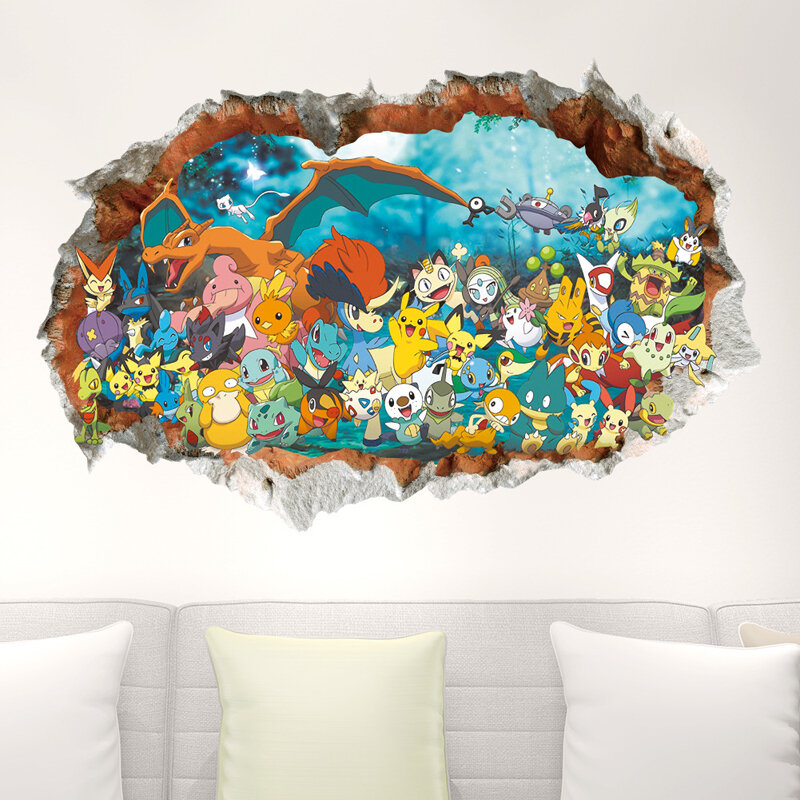 Autocollant mural pokemon, de grande taille, amovible, dessin animé, pour chambre de bébé, salon, pour enfants