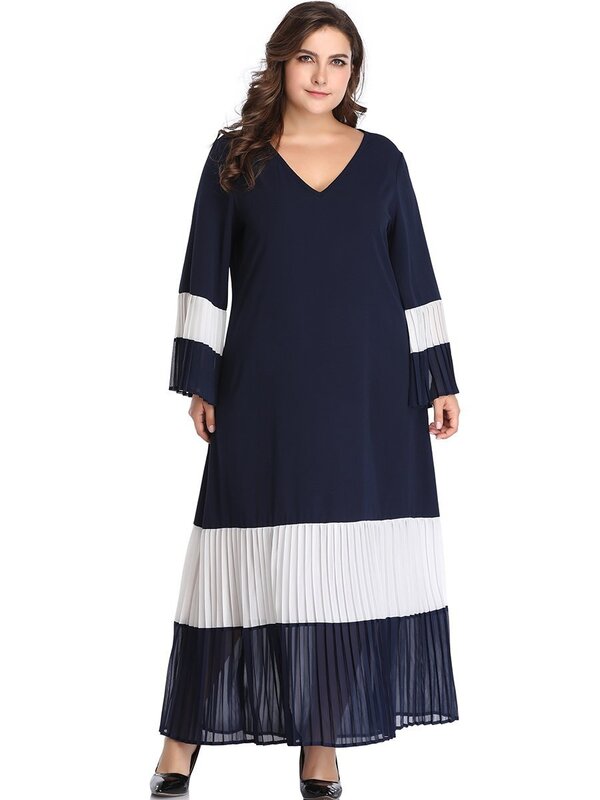 Maxi sukienka 2021 Plus rozmiar w stylu Casual, czarny i biały Patchwork szwy kontrast dopasowanie plisowana dekolt kostki spódnica luźne domu