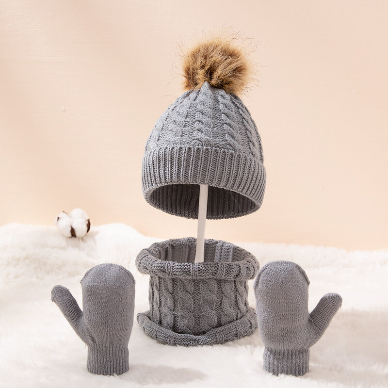 3 개/대 겨울 키즈 따뜻한 니트 모자 스카프 장갑 소년과 소녀에 대 한 단색 모직 모자 귀여운 아기 두꺼운 모자와 스카프