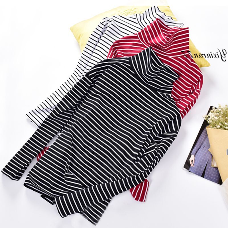 T-shirt à col roulé pour femme, haut ample à manches longues et rayures fines, de Style coréen, automne 2021