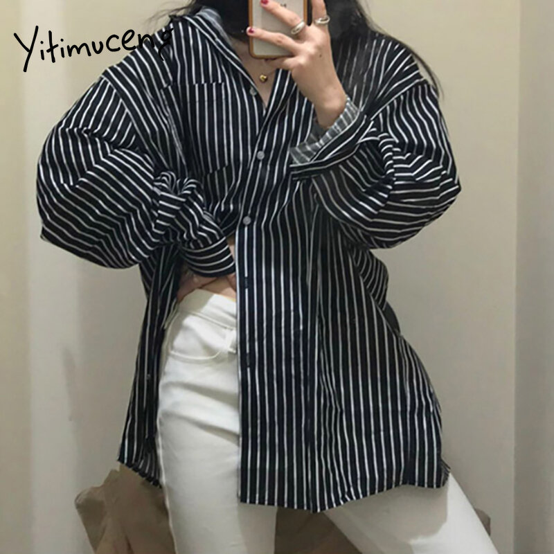 Yitimuceng casual listrado blusa mulher oversized botão acima do escritório senhora topos coreano moda manga longa camisa 2021 primavera verão