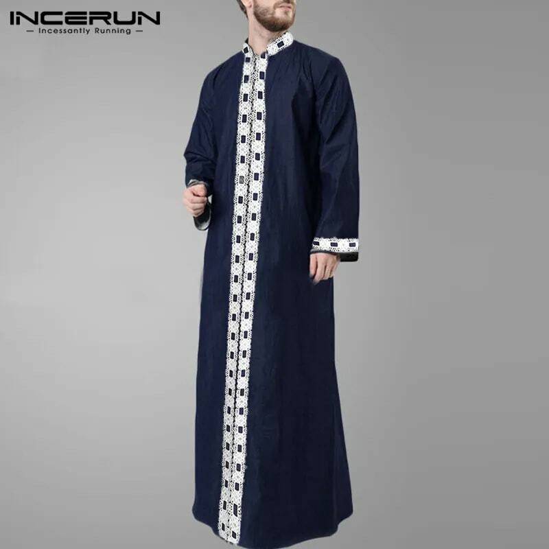 Islamic Kaftan Pria Muslim Renda Patchwork Lengan Panjang V Leher Jubba Thobe Fashion Timur Tengah Pria Jubah INCERUN Plus ukuran