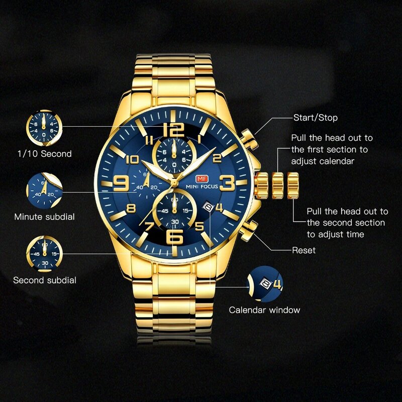 Часы MINI FOCUS мужские, брендовые роскошные золотистые водонепроницаемые деловые, с календарем, Новинка