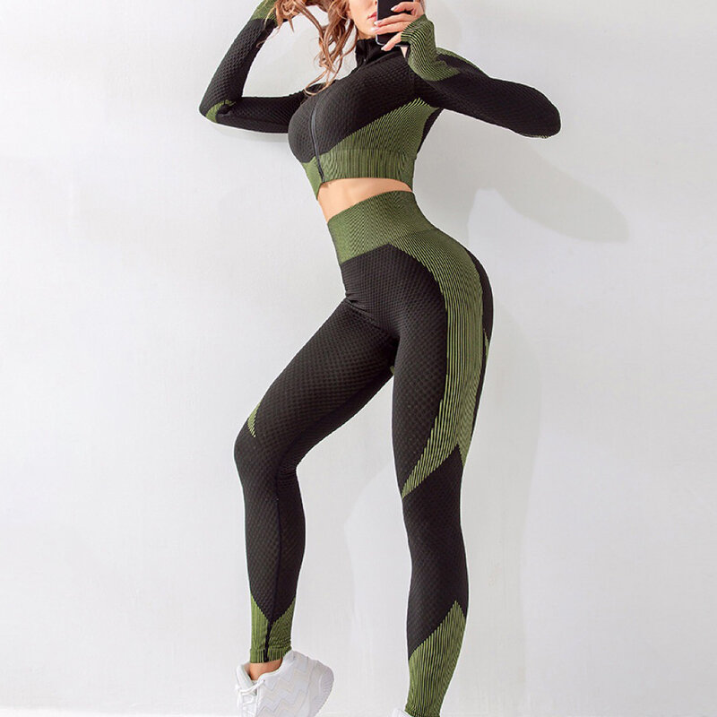 2 peças feminino yoga esportes terno manga longa frente zip alta superior & cintura sem costura leggings secagem rápida S-L nyz shop