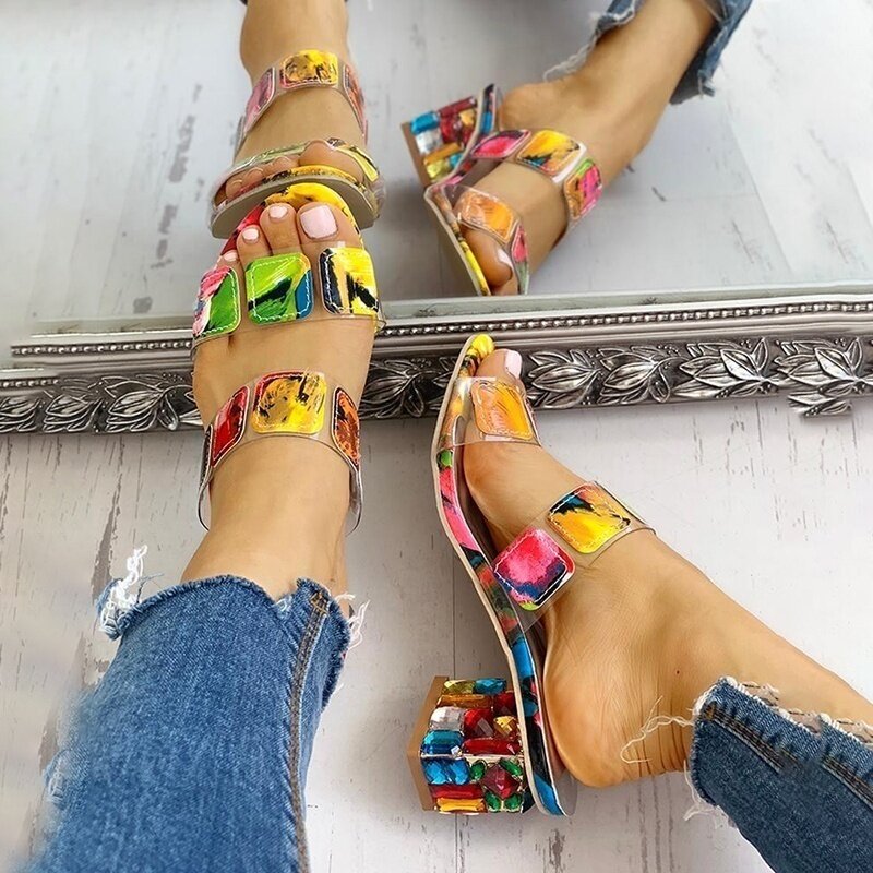 Sandalias de tacón cuadrado Para Mujer, zapatos de cuña multicolor, Punta abierta, Para Verano