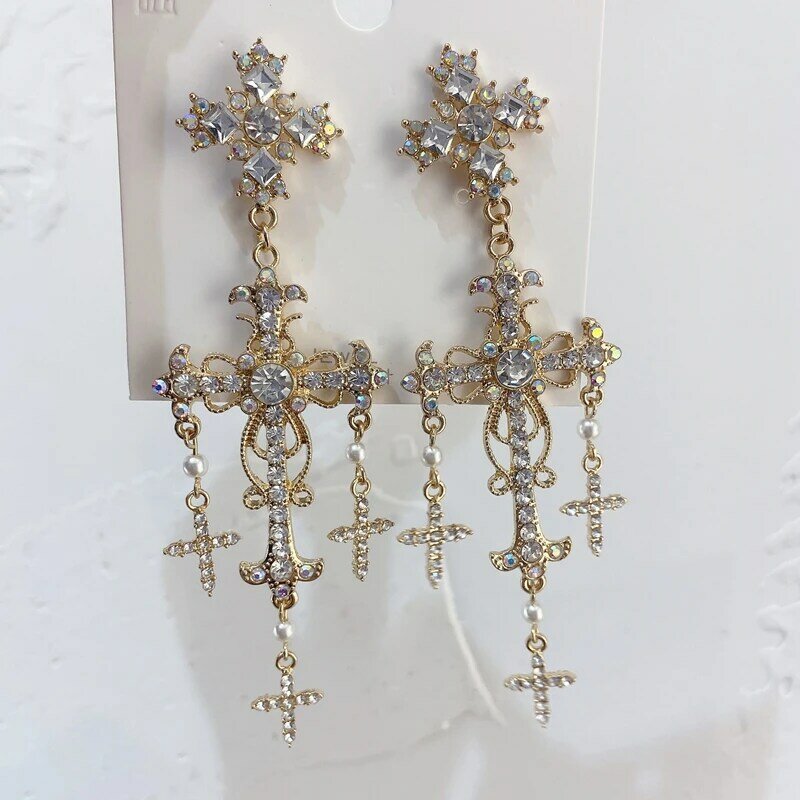 Coreano nova moda de luxo palácio estilo cor prata cristal pérola cruz dangle brincos para as mulheres jóias festa elegante