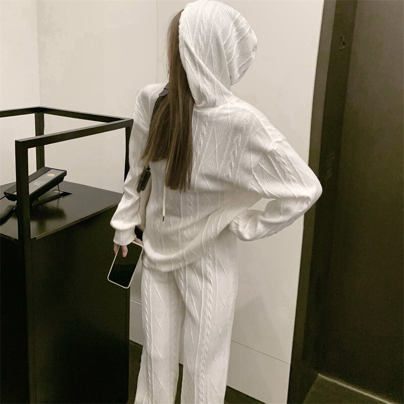 ผู้หญิงฤดูใบไม้ร่วงแขนยาว Hooded Sweatshirt + สูงเอว Casual Sweatpant 2ชิ้นชุดเกาหลีแฟชั่นหลวม Streetwear Tracksuit
