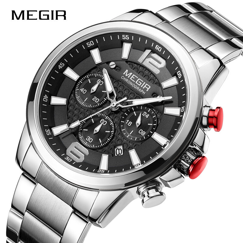 Megir高級時計フル鋼メンズスポーツクォーツ腕時計男性発光防水クロノグラフ軍事時計