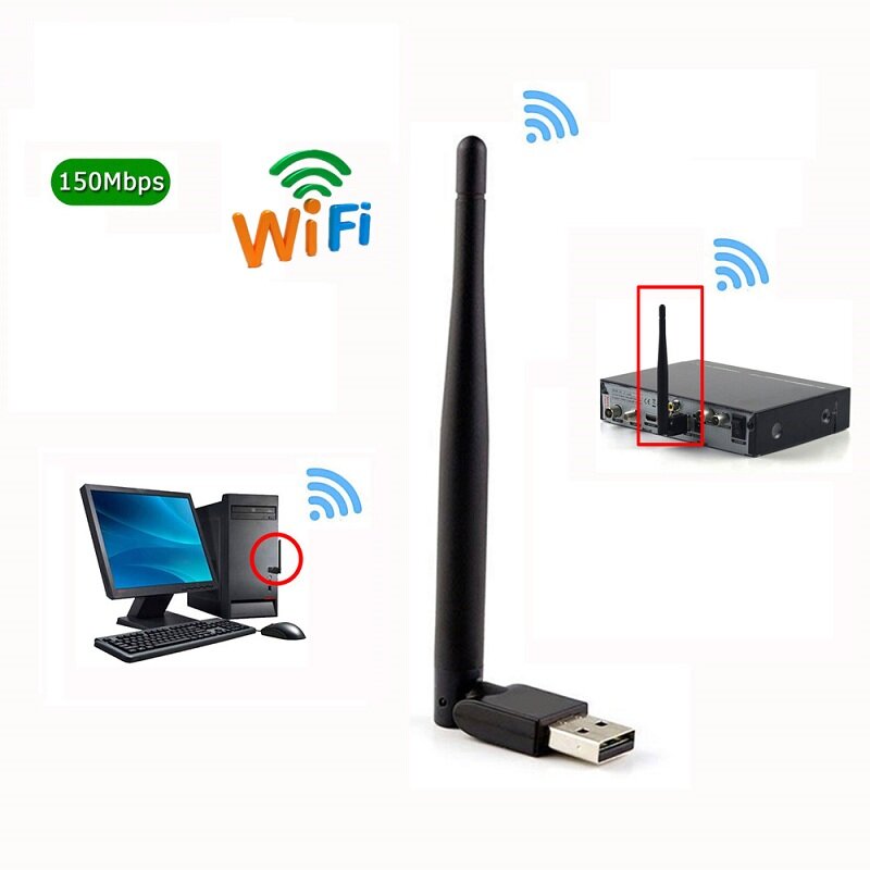 Mini inalámbrico WIFI USB Dongle receptor 2,4 adaptador de WiFi Ghz 2dbi 150Mbps Smart TV Antena para DVB-T2 o DVB-S2 TV Box tarjeta Lan