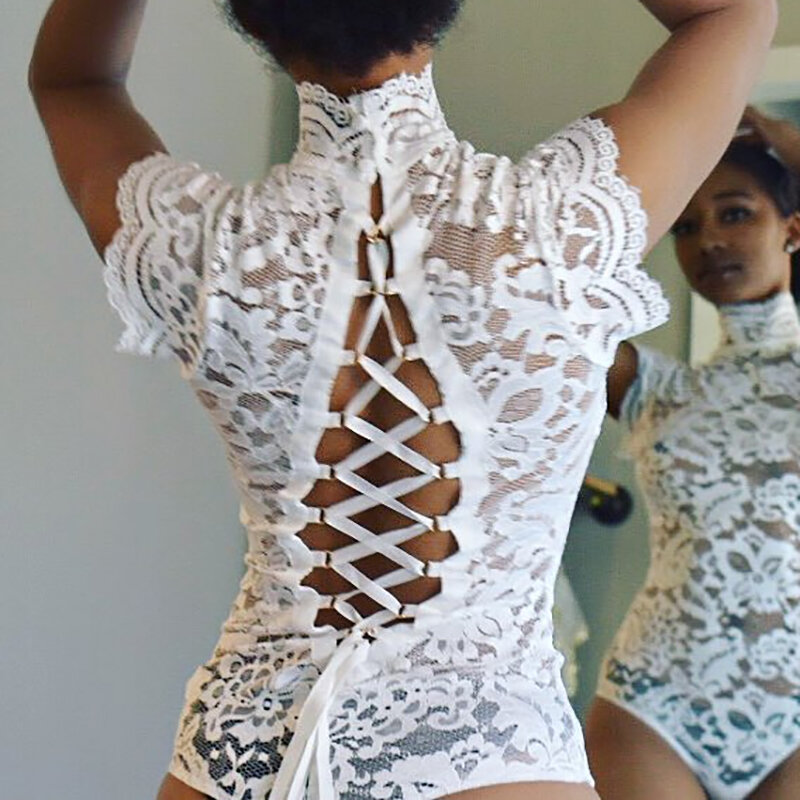 OSLLENLLA 2020 กลับ Lace Up SHEER Lace Bodysuit ผู้หญิงคอเต่าแขนกุด Skinny ดูผ่านผู้หญิงเซ็กซี่ Rompers