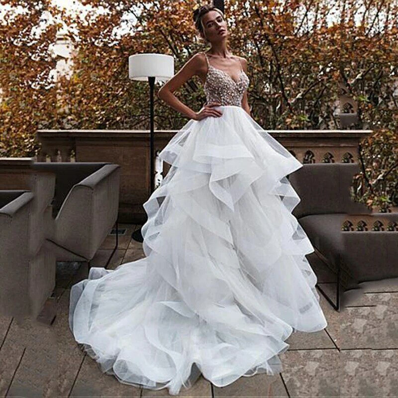 فستان زفاف من Pluse مقاس 2021 مثير على شكل حرف V بدون ظهر فستان زفاف مع خرزة فساتين زفاف الأميرة vestido de festa