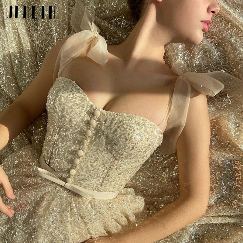 JEHETH Champagne Sheer Bow Straps Sequined Sweetheart suknie balowe Glitter wieczór świętuj suknię z kieszeniami do kostek 2022