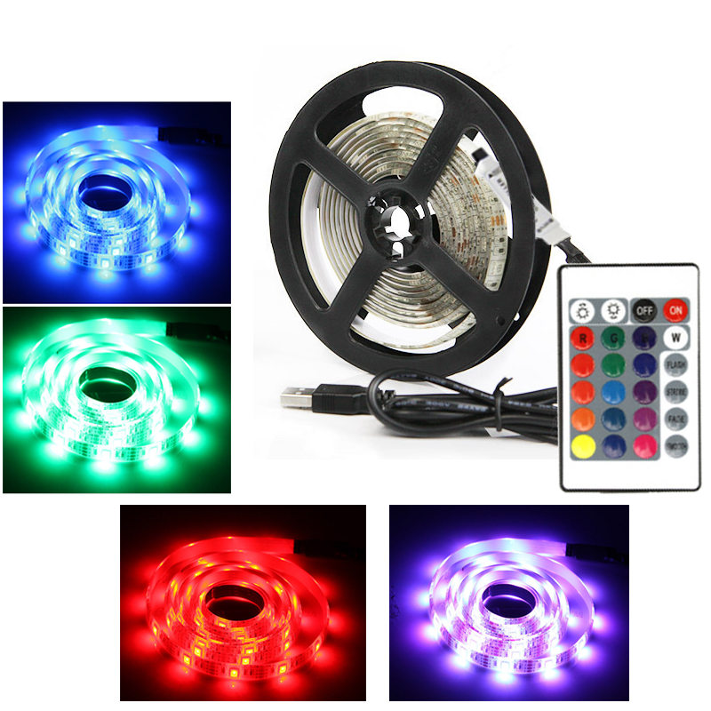 Tira de luces LED USB multicolor, cinta Flexible de lámpara RGB con control remoto de 24 teclas, 1M, 2M, 3M, 5M, decoración de retroiluminación de TV de escritorio