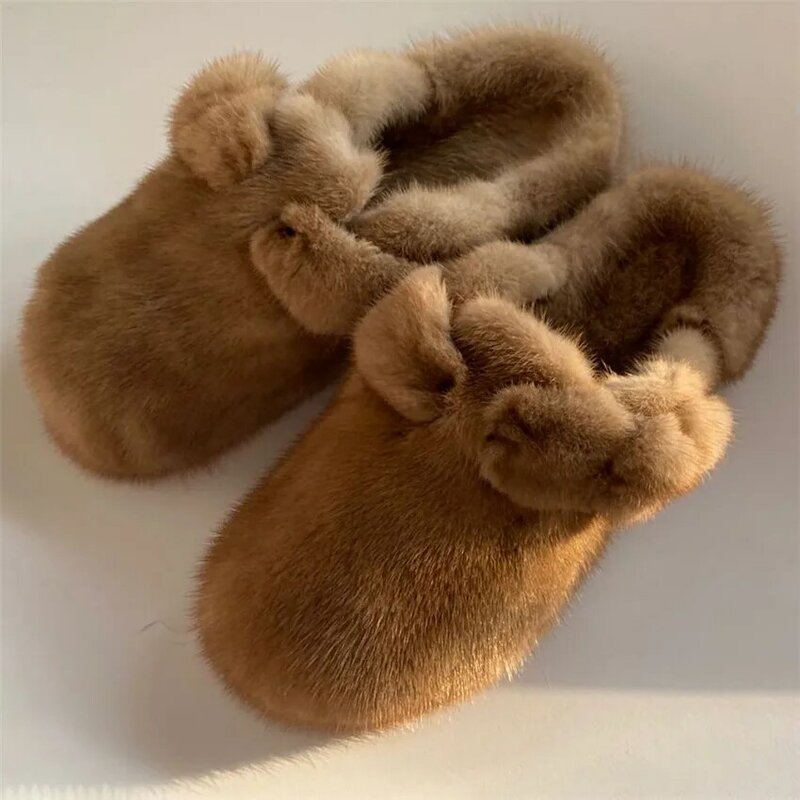 Women's Fur Slippers 100% Mink Fur Slippers Summer Fur Slippers Furry Flat Slippers Indoor Slippers