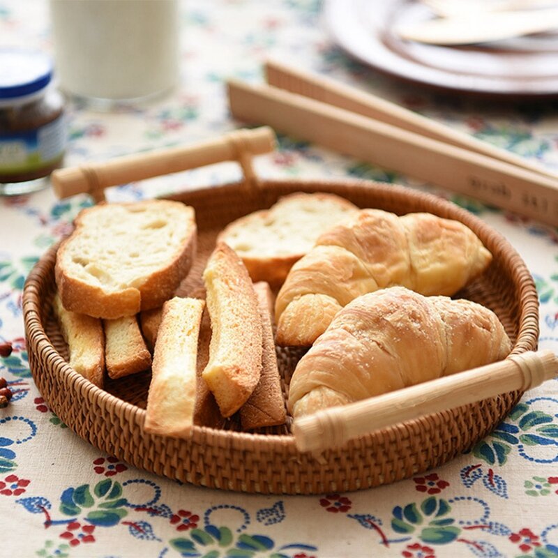 Panier à pain rond en rotin tissé, 8.7 pouces, plateau à thé avec poignées pour servir, dîner, café et petit déjeuner