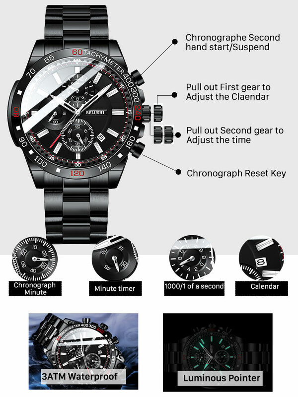 Belushi Watch Black Men's Large Watches Chronograph Quartz Watch Waterproof Stainless Steel Watch for Big Men Relogio Masculino