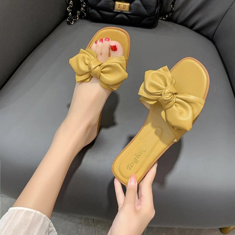 2022 New Design Plus Size Summer women sandals 2022 with Bowknot Square Head Beach Color slippers Female Casual Woman shoes A008