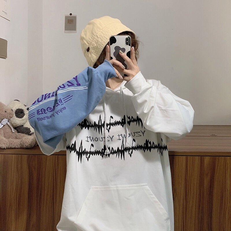 Hoodie Wanita Harajuku Sweter Kasual Bertudung Lengan Panjang Musim Gugur Pullover Dua Palsu Kaus Atasan Longgar Gotik Kartun Hoodie Hip Hop