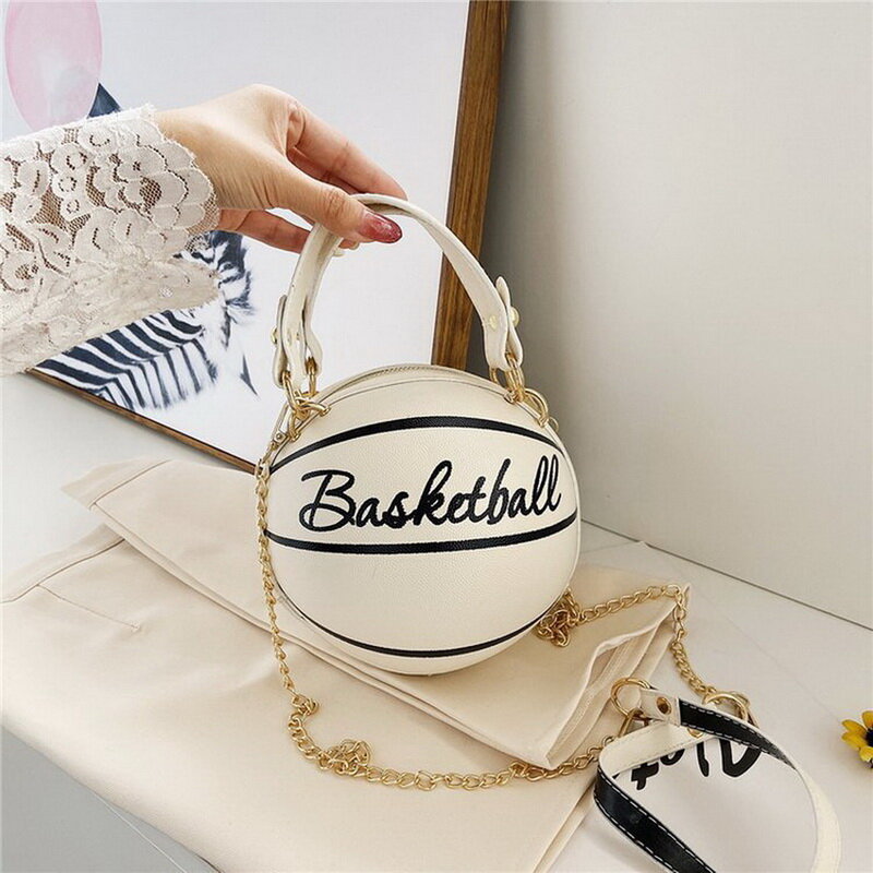 女性のためのチェーン付きの小さな革のハンドバッグ,バスケットボールの形をしたチェーン付きの小さなショルダーストラップ,ファッショナブルな高級ハンドバッグと財布