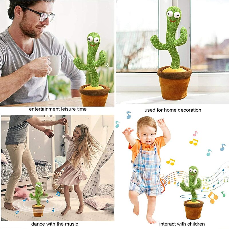 Cactus de pelúcia elétrico com roleta, cactus de dança com roleta para gravar, aprender a falar, brinquedo de música para crianças