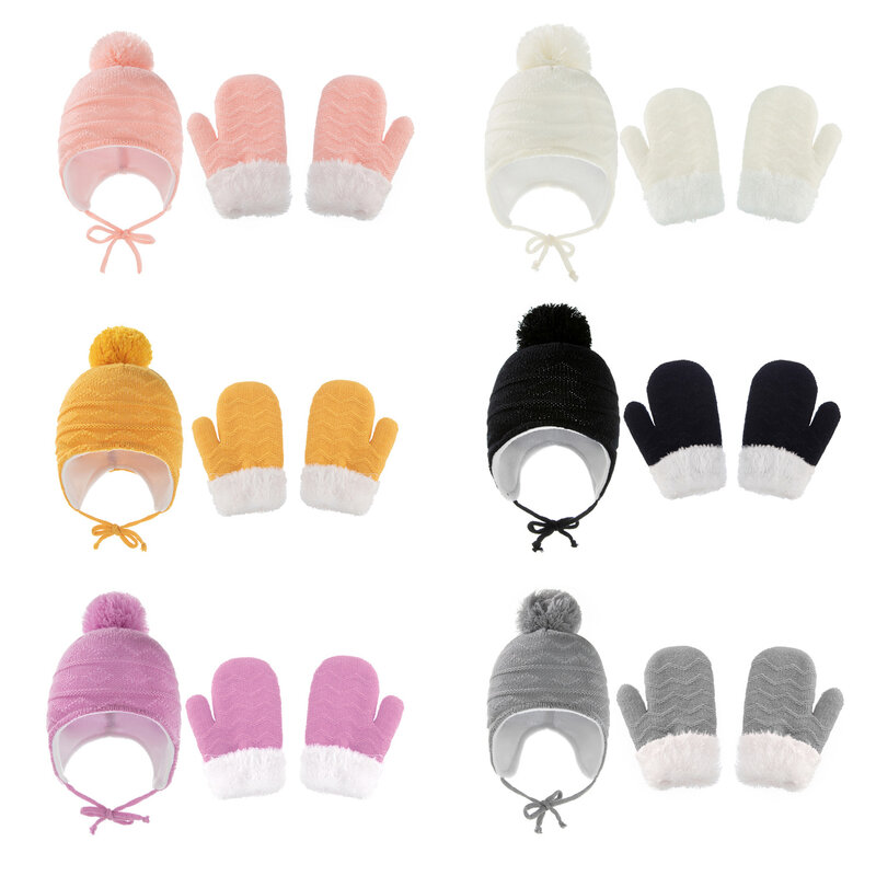 Winter Children's Warm Ear Protection Knitting Hat Gloves Sets Europe America Solid Color  Braids Style Kids Baby Boy Girl Hats