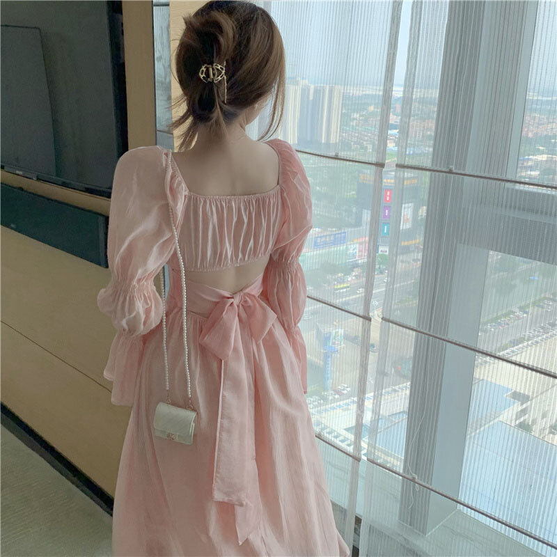 2021 herbst Neue Koreanische Mode Kleid Frauen Französisch Elegante Und Süße Quadrat Kragen Fee Midi Kleider Urlaub Party Strand Kleid