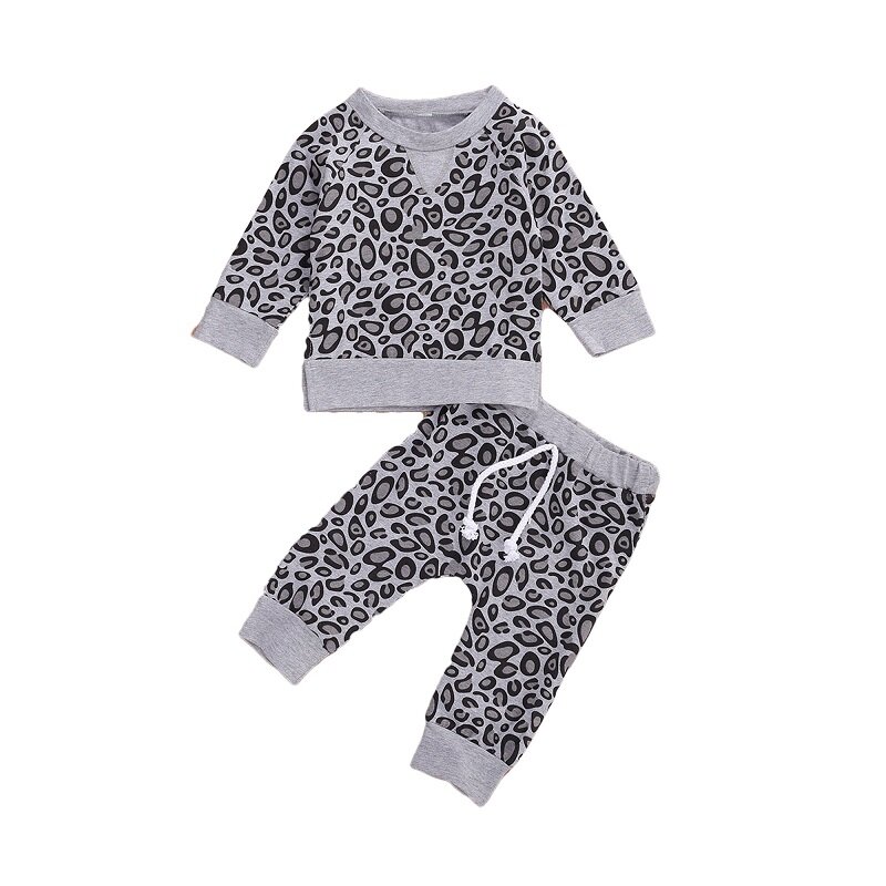 Bebê menina 2020 verão 2 pçs conjunto de roupas leopardo impressão manga longa em torno do pescoço pulôver + calças compridas 0-2t conjunto de roupas