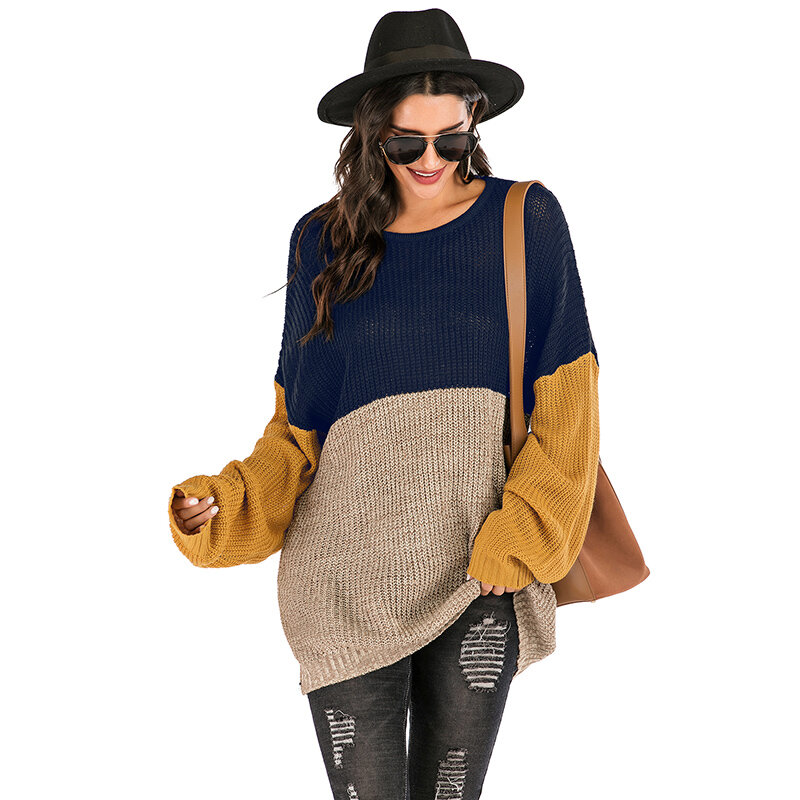 Suéter de invierno para mujer, Falda corta, Color de contraste, suelto, de manga larga, a rayas de longitud media, 2021
