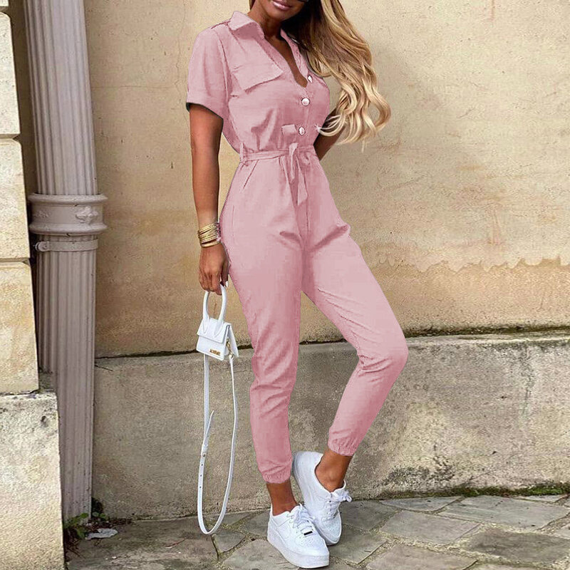 2021 summer new ladies T-shirt one-piece trousers fashion suit street casual lapel button printed belt ladies one-piece pants