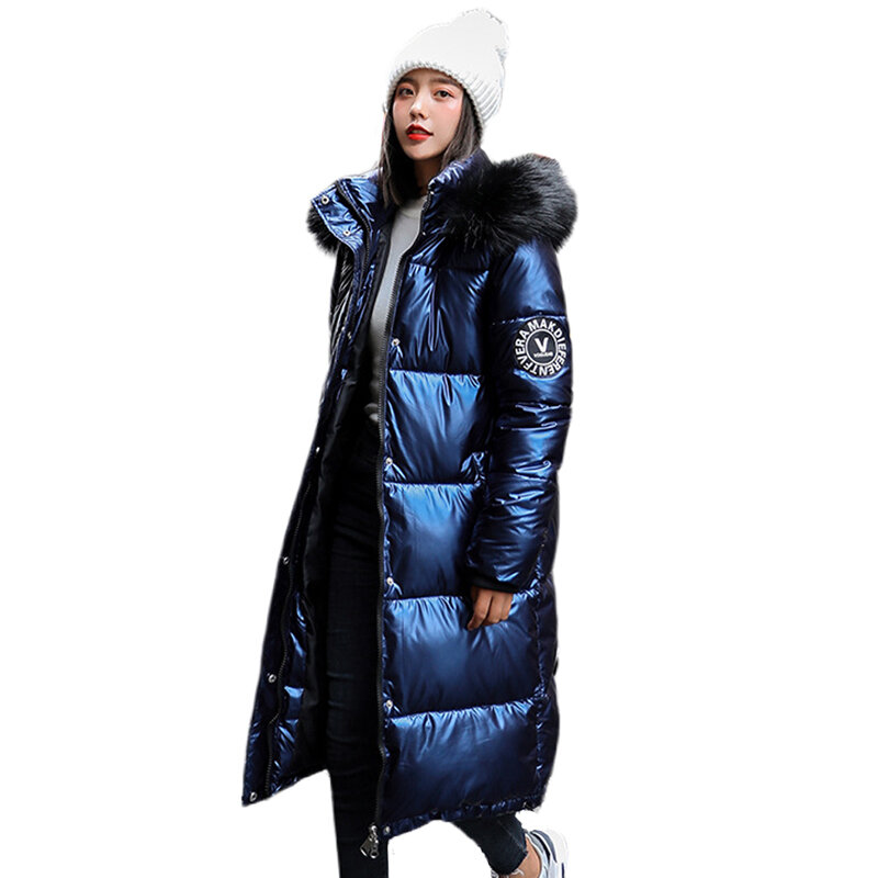 Plumífero largo con capucha para mujer, chaqueta gruesa e informal de gran tamaño, color azul, 2020