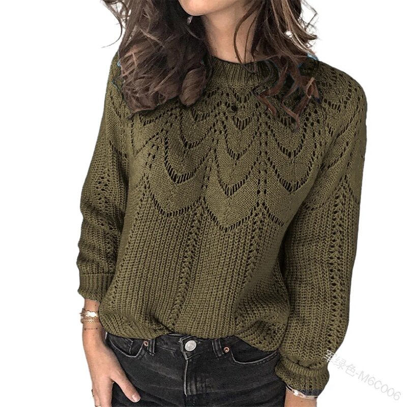 Женский Однотонный свитер оверсайз с вырезами, пуловер с круглым вырезом, дамские повседневные свободные свитеры, вязаный свитер с длинным ...