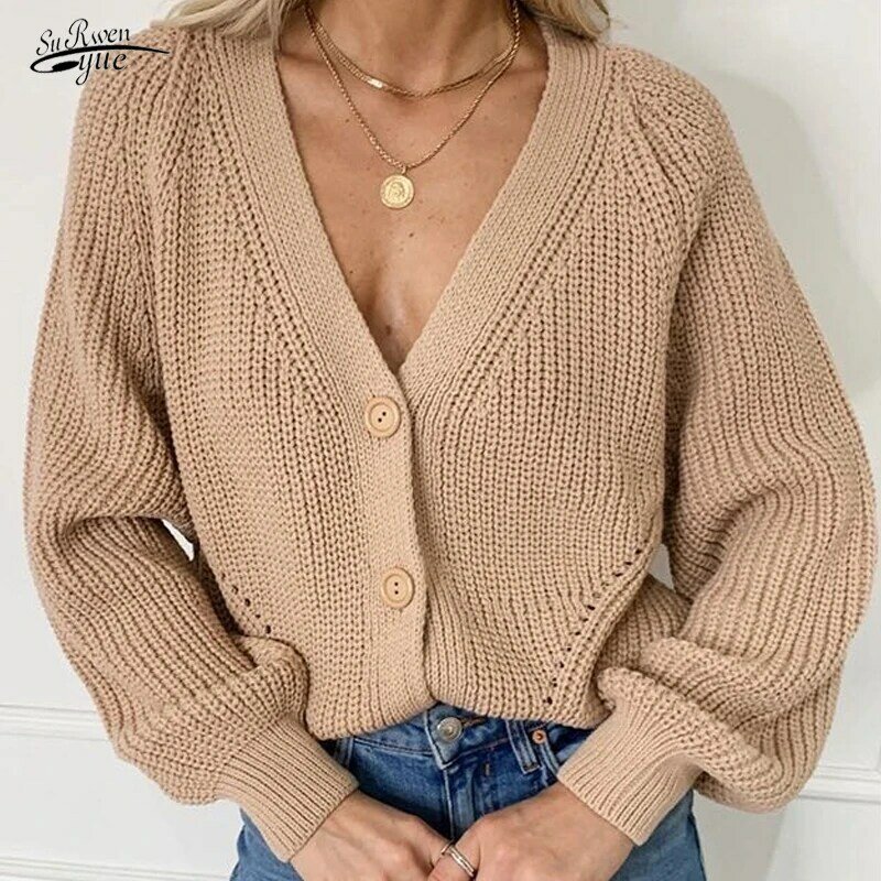 Moda malha cardigans camisola feminina 2021 outono manga comprida solto casaco casual botão grosso v pescoço sólido feminino topos 16870