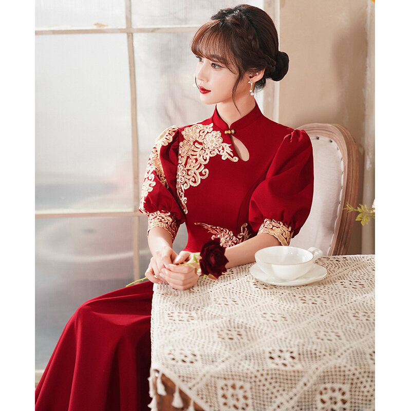 Chinesischen frauen Wein Rot Sommer Cheongsam Hochzeit/Engagement Kleid-Lange Stil-Puff Ärmeln (Abdeckung Ihre arme)-dünne Art