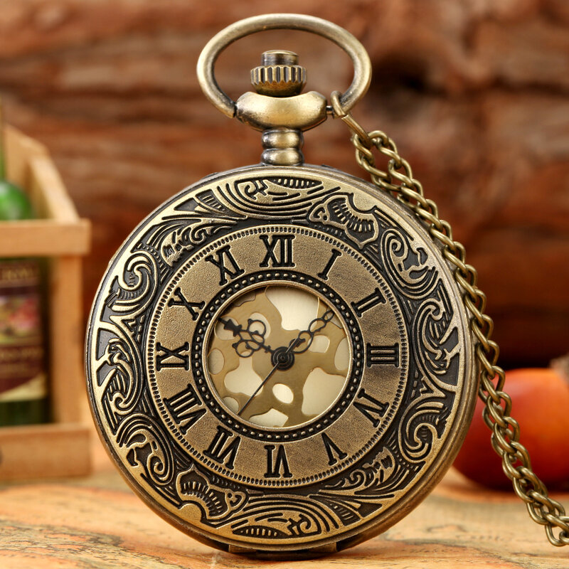 Relógio de bolso de quartzo, caixa perfurada de bronze retrô com numerais romanos, ouro steampunk, números arábicos, pingente de colar, melhor presente