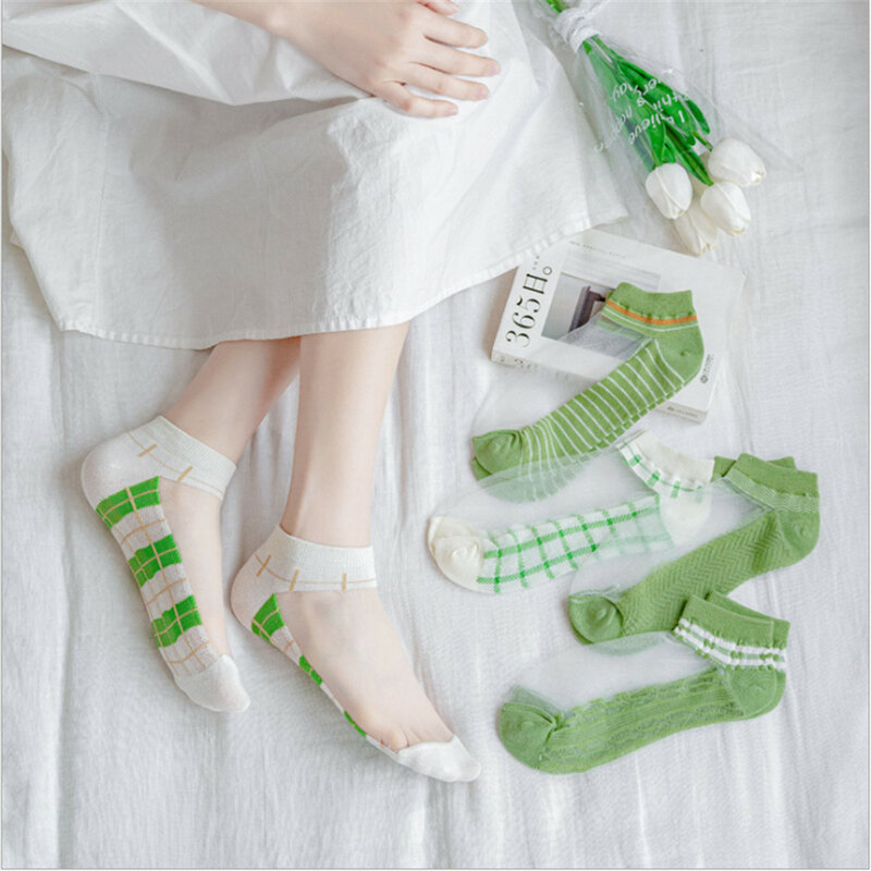 Socken Frauen Mode Glas Silk Gitter Streifen Atmungs Anti-drop Silk Unsichtbare Socken Flach Mund Kristall Seide Boot Socken