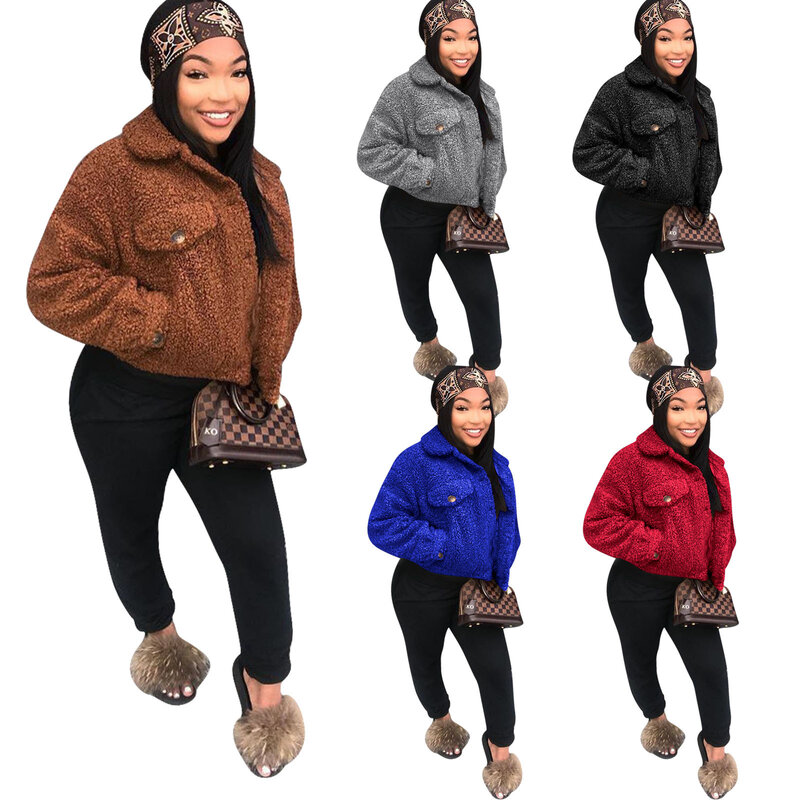 2020 inverno nova moda feminina cor sólida jaqueta de pelúcia, casaco de manga comprida, versão quente e grossa, senhoras jaqueta casual